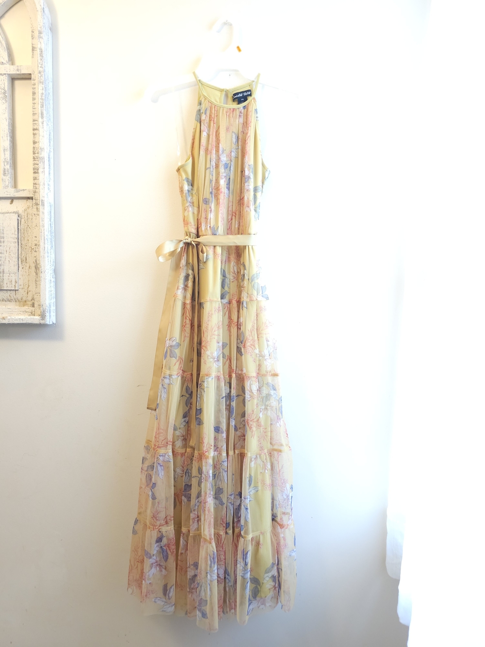 Floral Yellow Halter Maxi Dress with Waist Tie